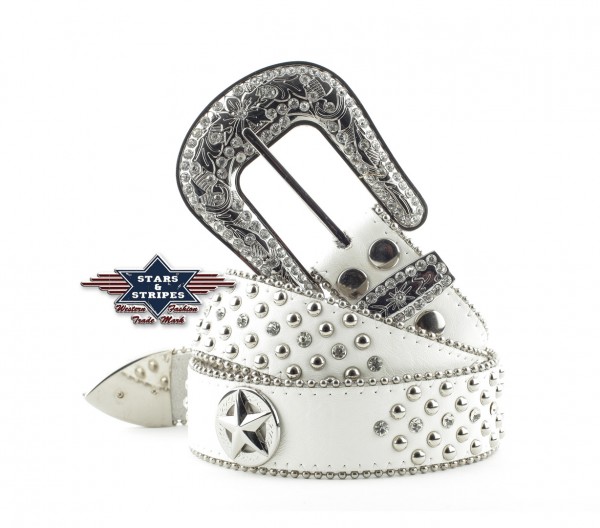 Stars & Stripes Damen-Westerngürtel ,"Bling bling" weiss